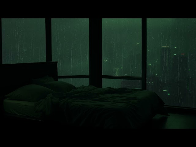 Night Rainfall for Deep Relaxation in a Cozy Room Overlooking a Serene, Green Cityscape