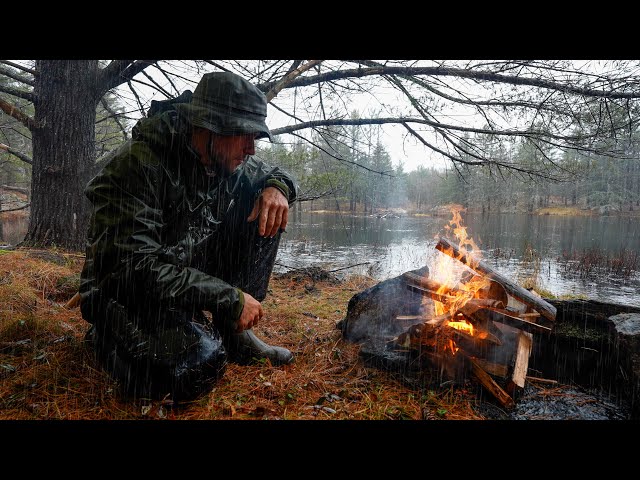 Solo Camping in Heavy Rain - Campfire Fajitas Mukbang