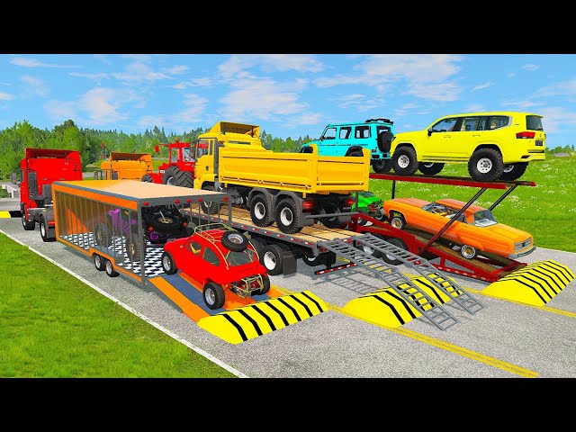 TRANSPORTING PIXAR CARS & FRUITS WITH COLORED & JOHN DEERE vs CLAAS vs TRACTORS - BeamNG.drive #983