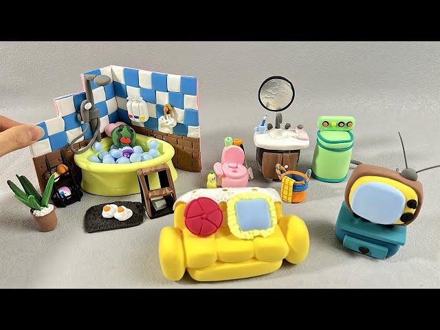 DIY Miniature Polymer Clay Home furniture 25+ items, bathroom, sofa, machine, lace, rug, plant EP33