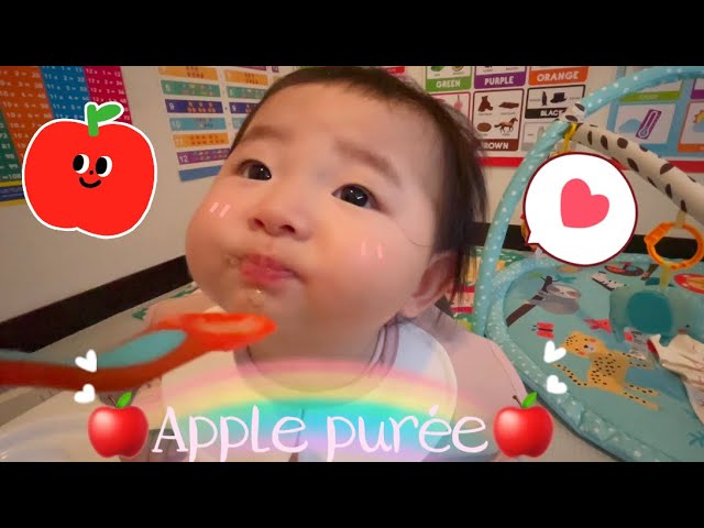 Tiny tastes: Baby tries new food (apple purée) baby eating show adorable reaction yum!! #babyValerie