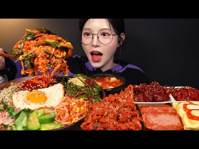 Bibimbap, Spicy Pork, Grilled Spam &  Soft Tofu Stew Homemade Meal Mukbang ASMR