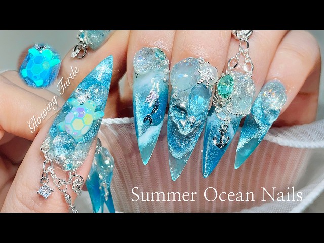 Nail ASMR | Emerald Sea Nail Art 🐢🌊 Magnetic Waves + Glow-in-the-Dark Decorations Tutorial!