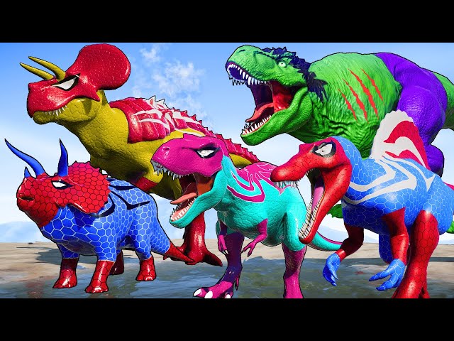 NEW ! Epic Tyrannosaurus Rex vs Pro 9 Superhero Dinosaurs Battle in Jurassic World Evolution