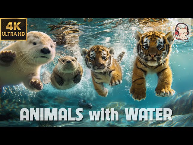 CUTE ANIMALS Playing in Water 4K(60FPS) |  Relax with JAZZ MUSIC - STREAM FOREST Sound