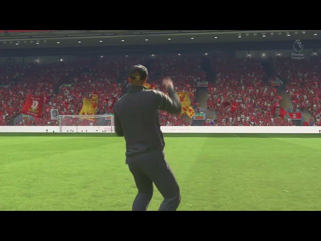 FIFA 23 PS5 Jurgen Klopp fist pump celebration after beating Manchester United 7-0 at Anfield