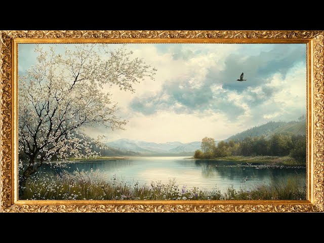 Vintage TV Art: Lovely Spring Lake Scene in an Oil Painting | Gold Framed Vintage Art | 4K | 2 Hours