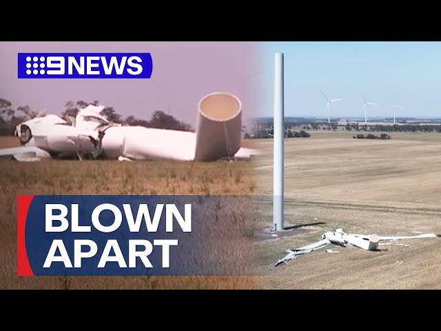 Strong winds bring down towering wind turbine in Victoria | 9 News Australia