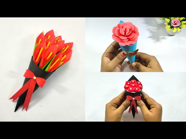 3 DIY Paper Flower BOUQUET/Valentine's Gift ideas/Flower Bouquet making at Home/How to make Bouquet