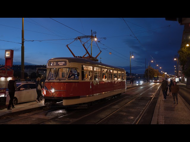 Prague retro tram T2 stopping at Výtoň in evening | 8K