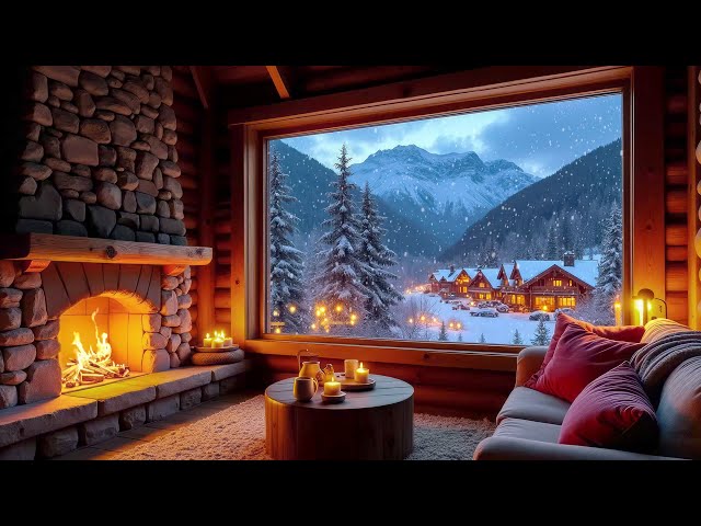 Winter Day in the Living Room with Relaxing Piano Music, Crackling Fireplace & Snowfalling Sounds