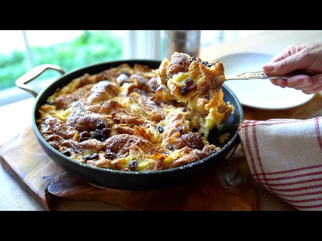 Croissant Bread Pudding with Raisins and Caramel Sauce