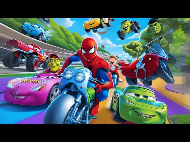 SPIDERMAN Vs HULK SHREK CARS Mega JUMP Challenge ! SUPERHERO Truck Epic Race - GTA V