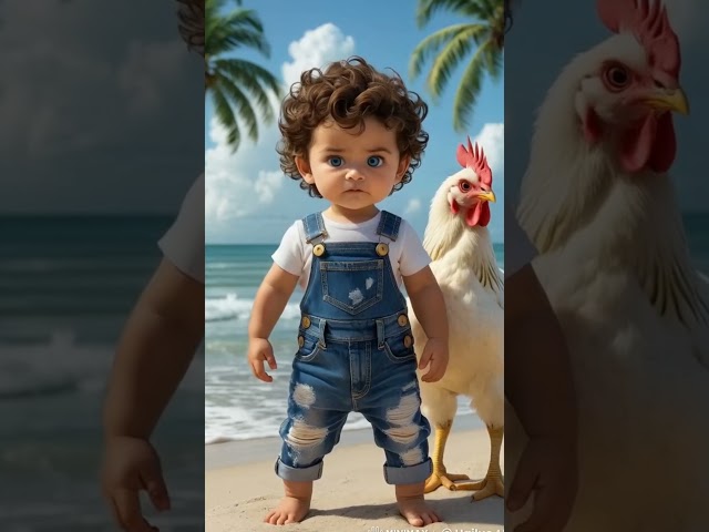 1 year old kid standing against a chicken they