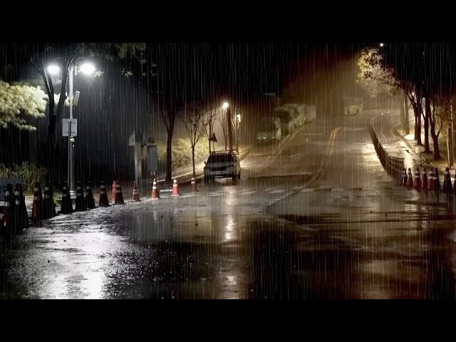 Heavy Rain Pouring Down on the Road Late at Night - Rain Sounds for Concentration, Meditation, Study