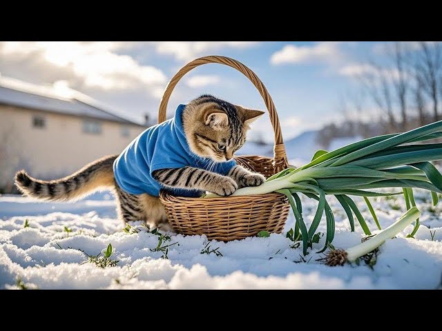 The Kitten Is Very Hardworking, Pulling Onions In The Snow#cat#catcooking#cutecat#rurallife#ai