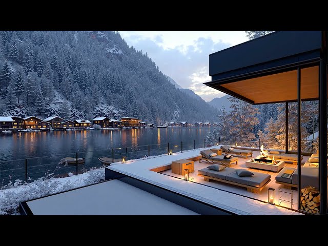 Tranquil Winter Retreat ~ Snowy River View & Cozy Terrace | Smooth Piano Jazz for a Peaceful Evening