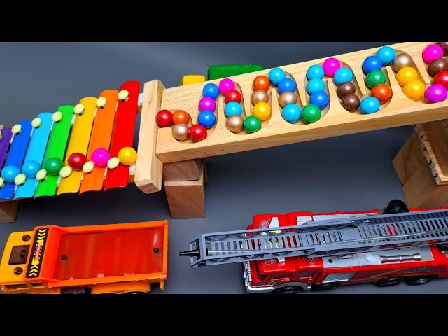 Marble Run Race ☆ HABA Slope & Retro Makita Truck, Excavator, Garbage Truck, Dump Truck, Ambulances