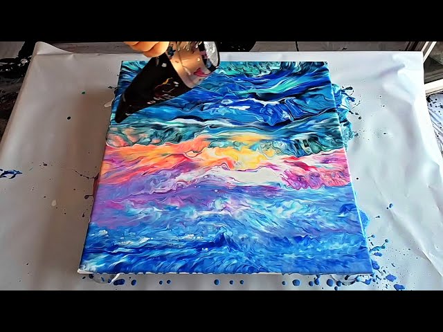 Blown Away by Colour🎨! Mesmerizing Sunset Acrylic Pour with a Hair Dryer 🌞🌊