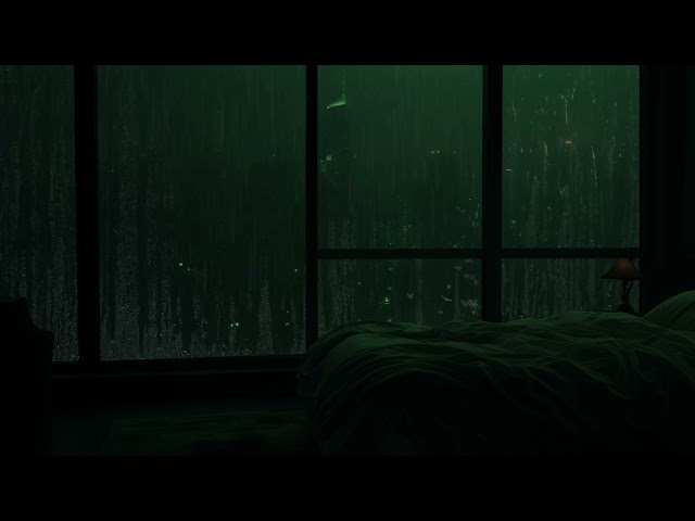 Rainy Night Ambience for Relaxation and Sleep in a Room with a Misty Green City View Outside