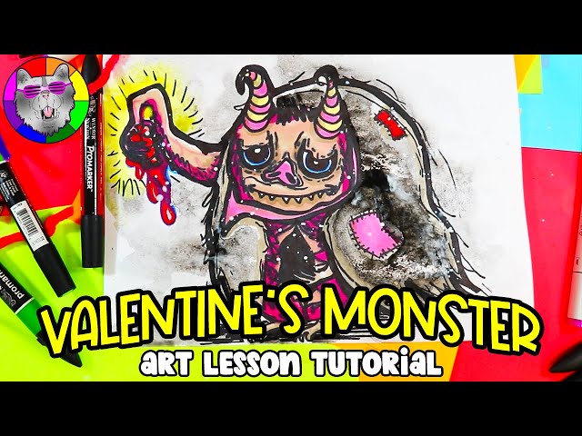 Art Lesson: Valentine's Day Monster with a Stolen Heart Art Tutorial for Teens & Up with Ms Artastic