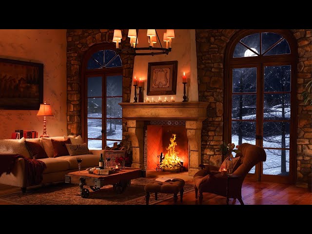 Blizzard Sounds and Livingroom Ambience - Snowstorm Sounds with Fireplace Crackling and Howling Wind