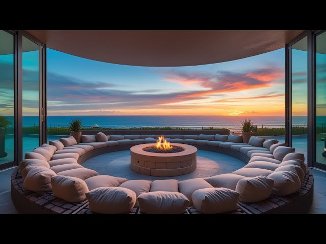 Fresh Sunset Atmosphere at Peaceful Beach House with Gentle Jazz Music & Crackling Fireplace 🌅