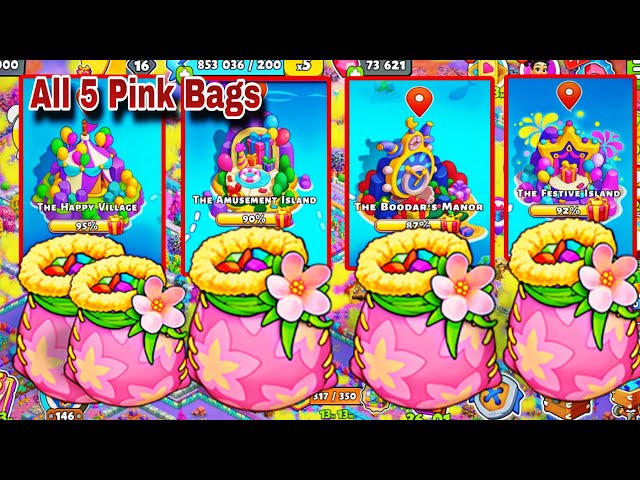 All 5 Pink Bags on The Happy Village, The Amusement Island, The Boodar's Manor, The Festive Island