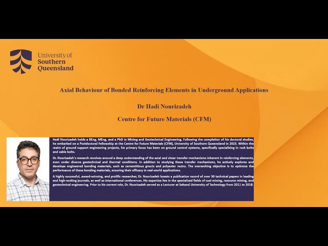 Dr Hadi Nourizadeh - Axial Behaviour of Bonded Reinforcing Elements in Underground Applications