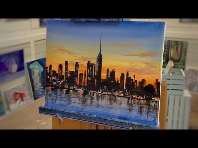 How to paint a Cityscape & Sunset Acrylic painting tutorial