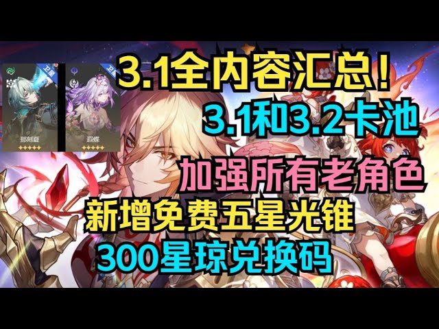 3.1全内容汇总！新增免费五星光锥！3.1和3.2卡池！3.1-3.2优化计划公布，加强所有老角色，新地图剧情！3.1版本PV，300星琼兑换码【崩坏星穹铁道】