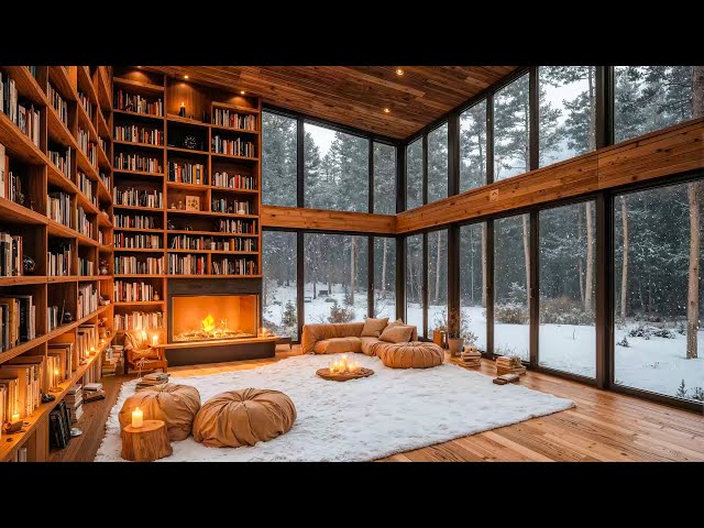 Beautiful Relaxing Jazz In Snowy Forest | Winter Escape With Crackling Fireplace for Deep Relief