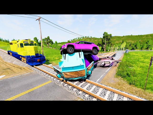 Double Flatbed Trailer Truck vs Speedbumps Train vs Cars | Train Tractor | Beamng.Drive Kon 7