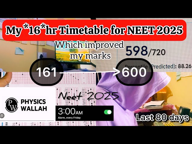 My *16hr* TIME TABLE for NEET 2025🔥|720/720|neet study vlog|time table for neet|last 3 month neet#pw