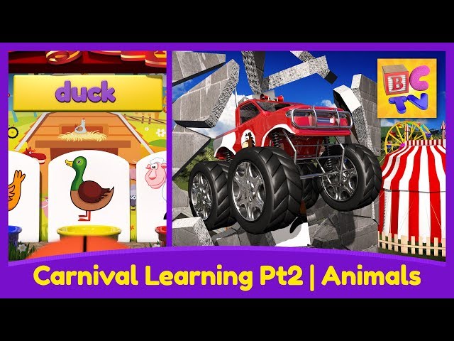 Farm Animals for Kids Pt 2 - Learn the Names and Sounds with Monster Trucks & a Carnival Game