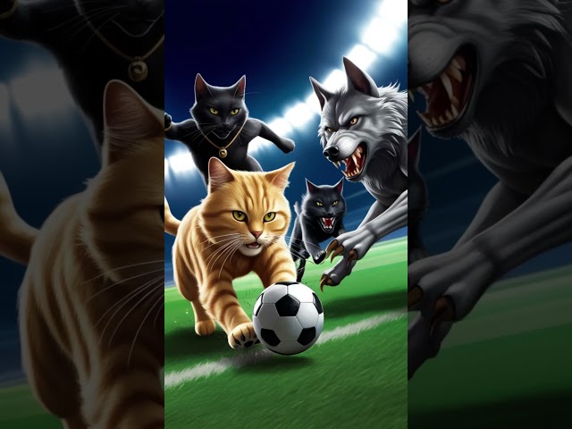 A yellow cat, a black cat, and a dog played football in the stadium 😳