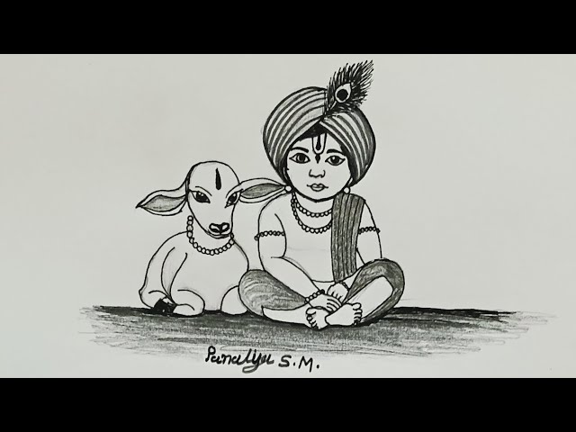 How to draw Krishna with cow 🐄 #music #flute #art #ytshort #easydrawgirl