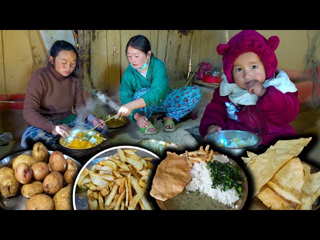 Home made  FRENCH FRIES & Papad With Rice Cooking & eating in Village Kitchen || New Nepali Vlogs