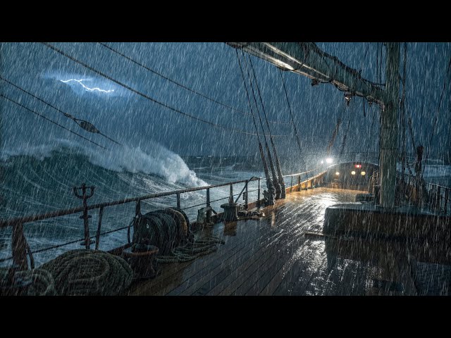 Torrential rain on a boat floating at sea -  큰 비에 긴장을 풀고 마음을 진정시키세요