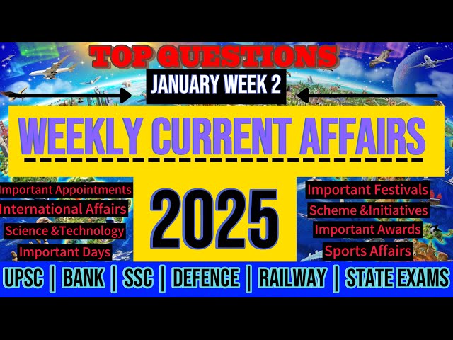 Weekly current affairs 2025 | Jan week 2 | Top questions | Bank | SSC | Defence | Jkssb | JKPSC