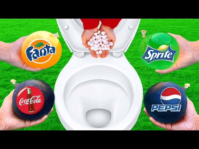 Experiment !! BALLOONS vs Coca Cola, Sprite, Pepsi, Fanta and Mentos in Toilet