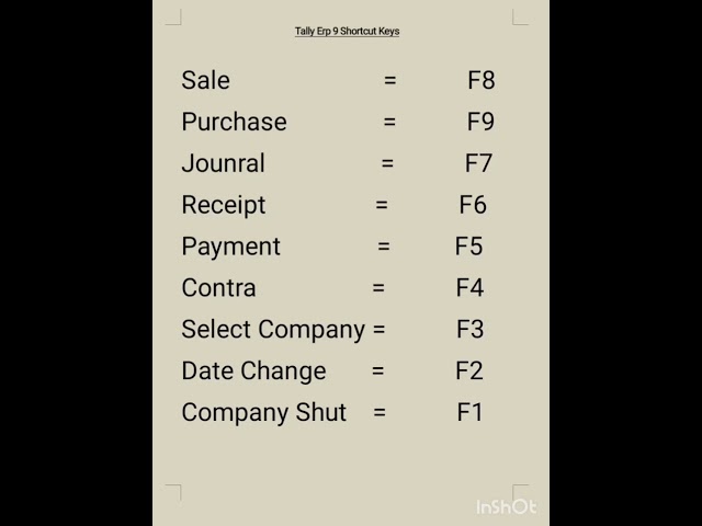 Tally ERP 9 Basic shortcut keys