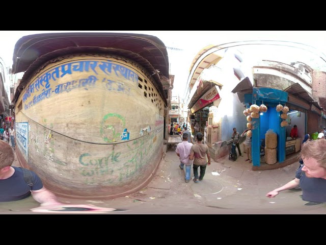 Varanasi crowded alleyways. 360 go pro travel blog video.