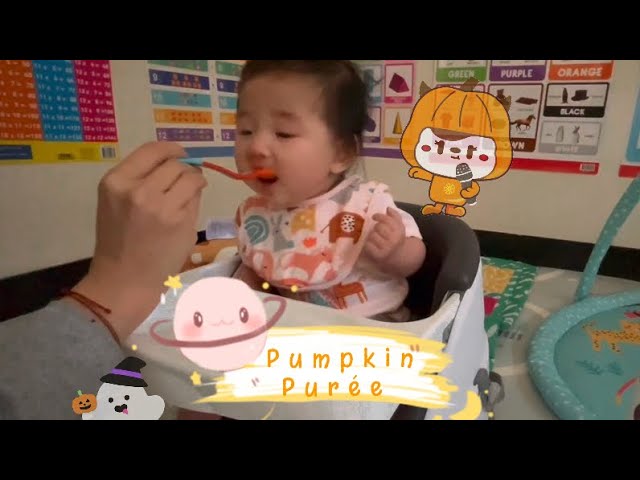 Tiny tastes: Baby tries new food (pumpkin purée) baby food’s journey #babyValerie #hungrybaby #baby