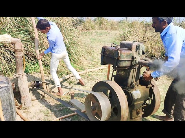 Farmer and farmer's son irrigated by setting up big diesel engine || Water pump machine setup!