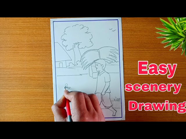 Easy scenery drawing| Village scenery drawing 🏡