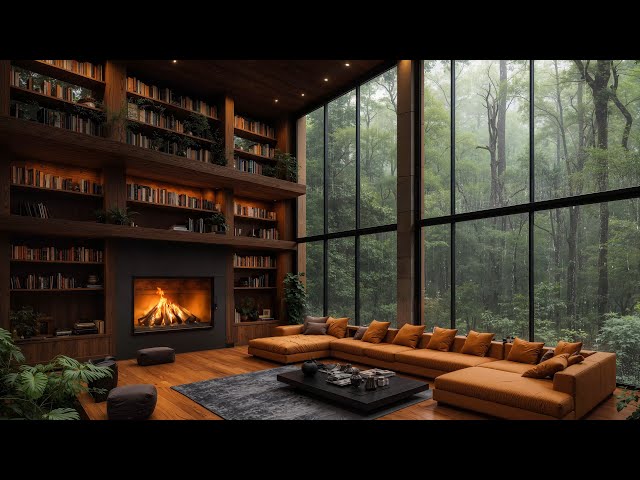 Cozy Reading Cabin Room Inside Forest on Rainy Day Ambience - Jazz Relaxing Music to Stress Relief 🌿