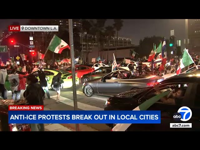 Thousands of anti-ICE protesters block surface streets in downtown Los Angeles