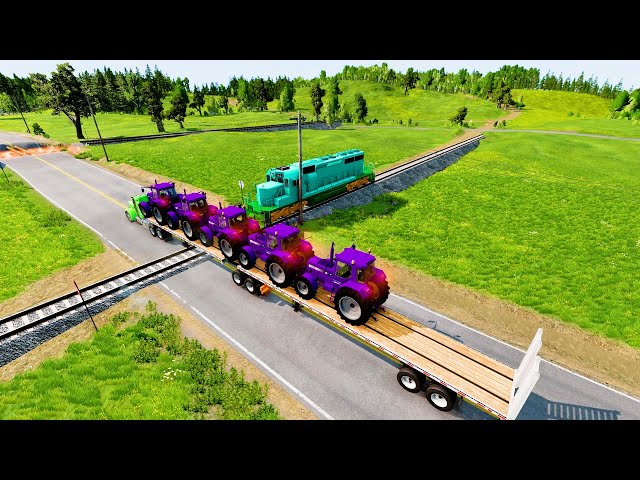 Double Flatbed Trailer Truck vs Speedbumps Train vs Cars | Train Tractor | Beamng.Drive Kon 4