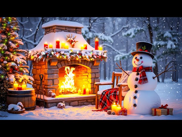 24/7 Cozy Outdoor Fireplace Ambience With Relaxing Christmas Music For Stress Relief🎅Christmas Music